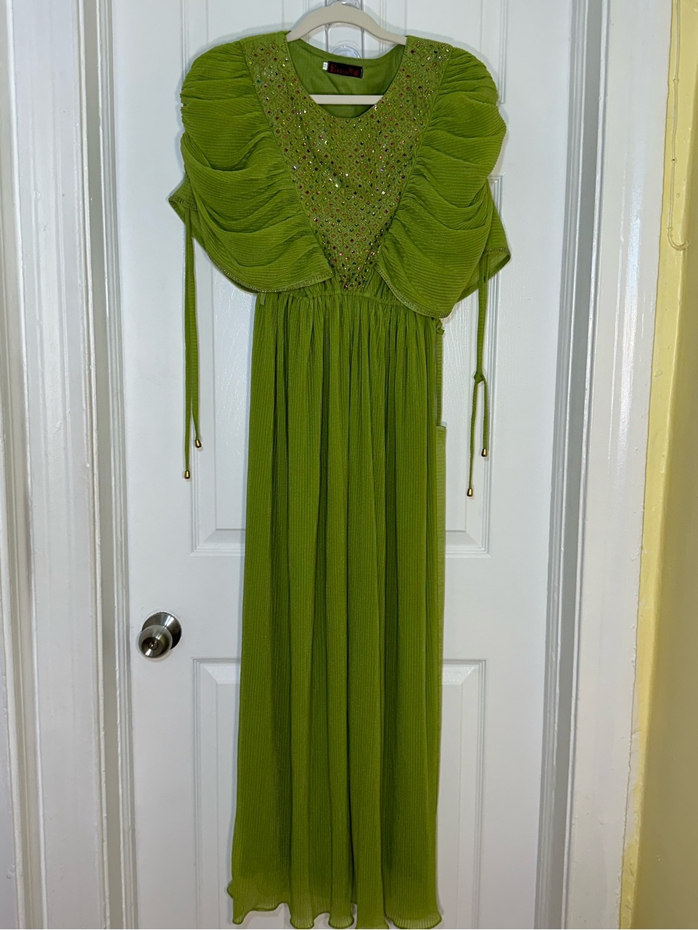 Olive Green Beaded Pleated Maxi Gown